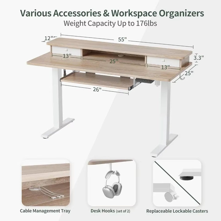 55” Electric Height Adjustable Standing Desk with Storage Shelf